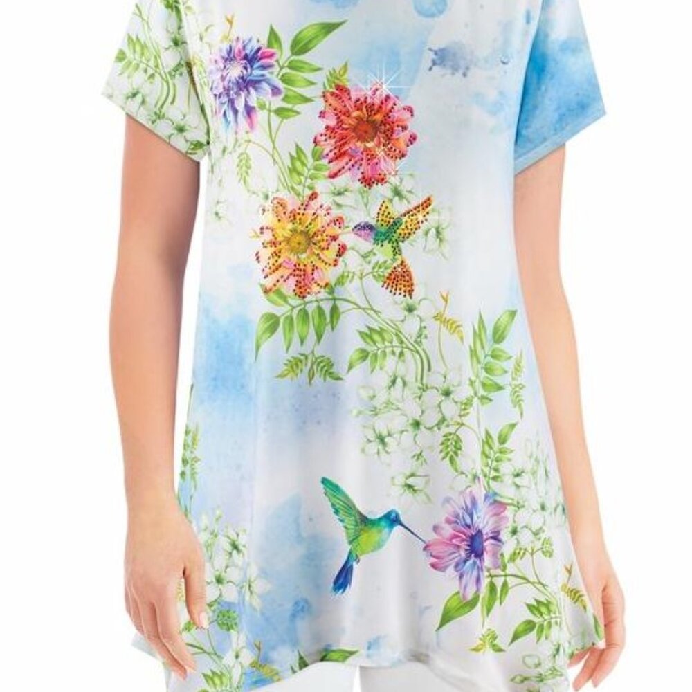 New XXL Blue & White Sparkling Floral Cascade Hummingbird Shark Bite Knit Tunic